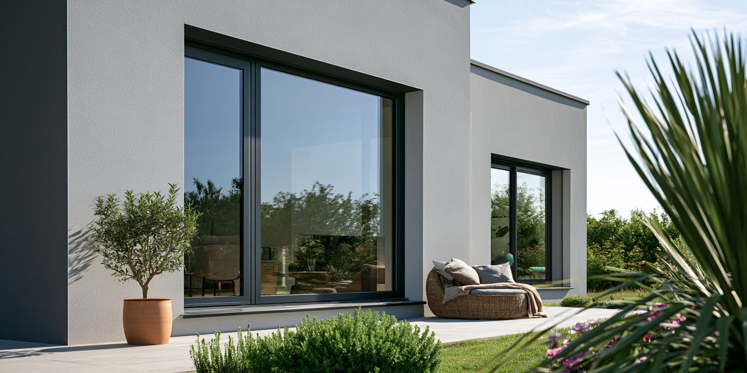 Baie coulissante aluminium ouverte sur le jardin