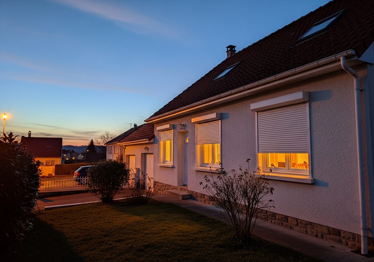 Maison sécurisée par des volets roulants le soir
